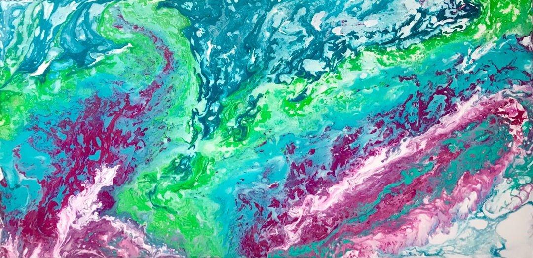 ORIGINAL Fluid Acrylic Pour Painting, Pink and Green Abstract