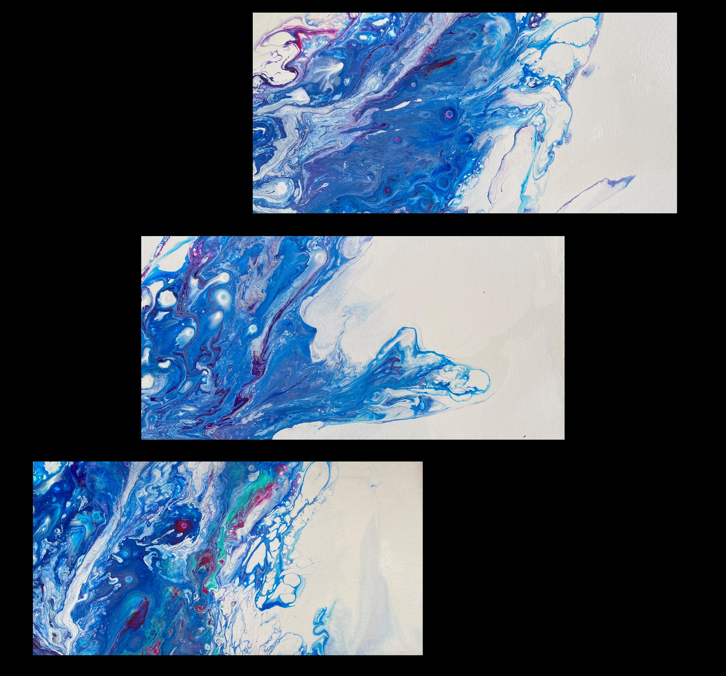 Ocean Wave Blue and White Original Fluid Art Triptych Paintings