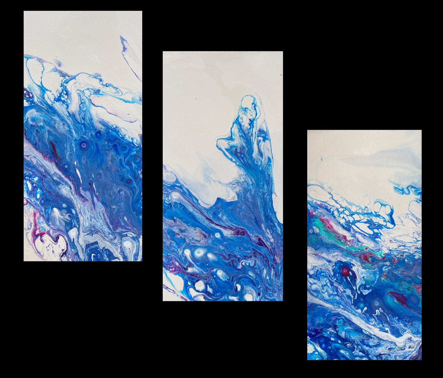 Ocean Wave Blue and White Original Fluid Art Triptych Paintings