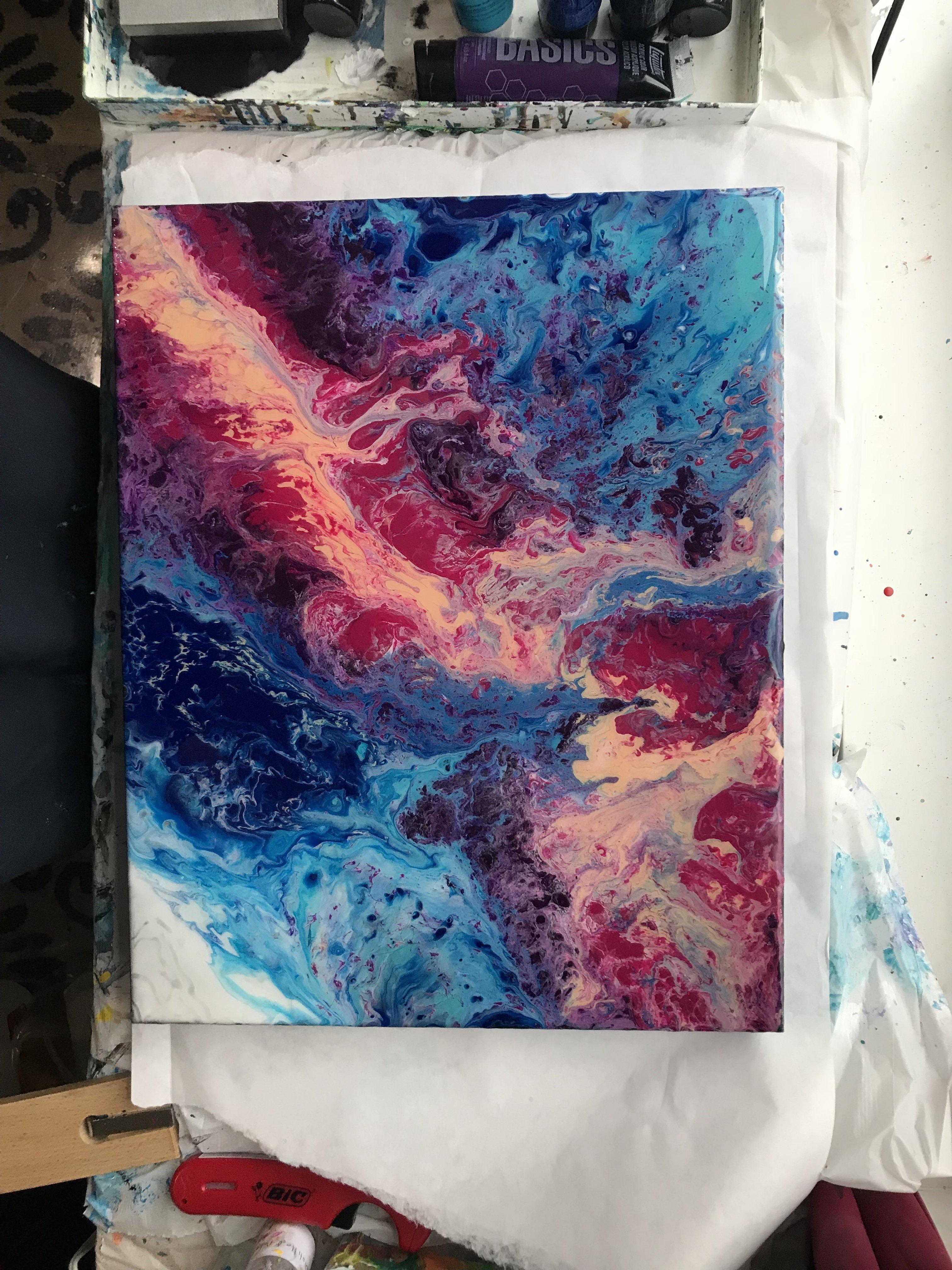 Fluid art, blue, online White, Violet art, Acrylic original painting; abstract sea picture; 30x30cm charged with Reiki energy